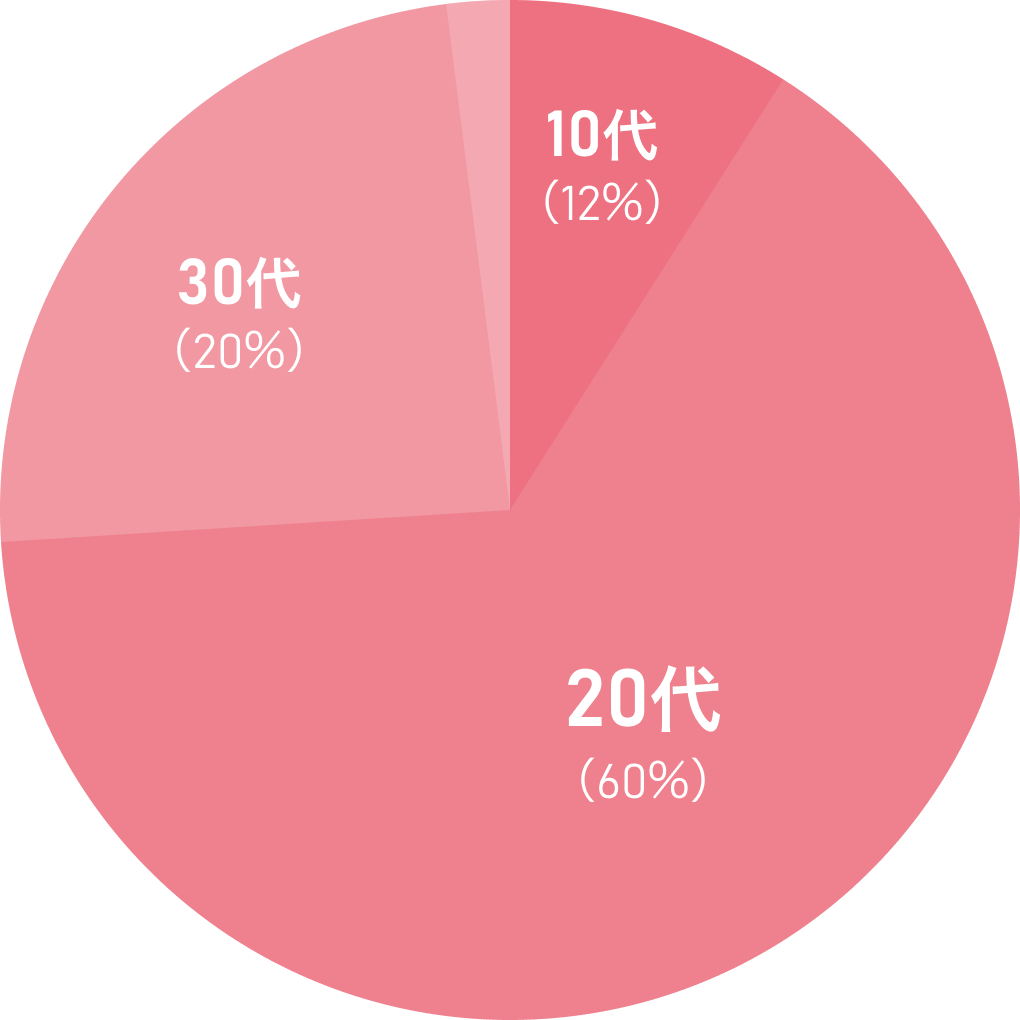 円グラフ:10代(12%)20代(60%) 30代(20%)