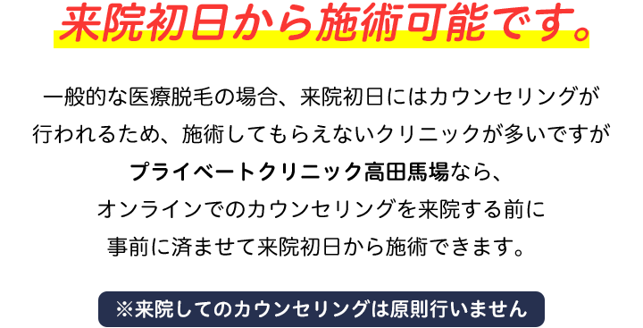 来院初日から施術可能です。※来院してカウンセリングも可能