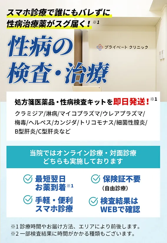 スマホ診療で誰にもバレずに性病治療薬がスグ届く！性病の検査・治療