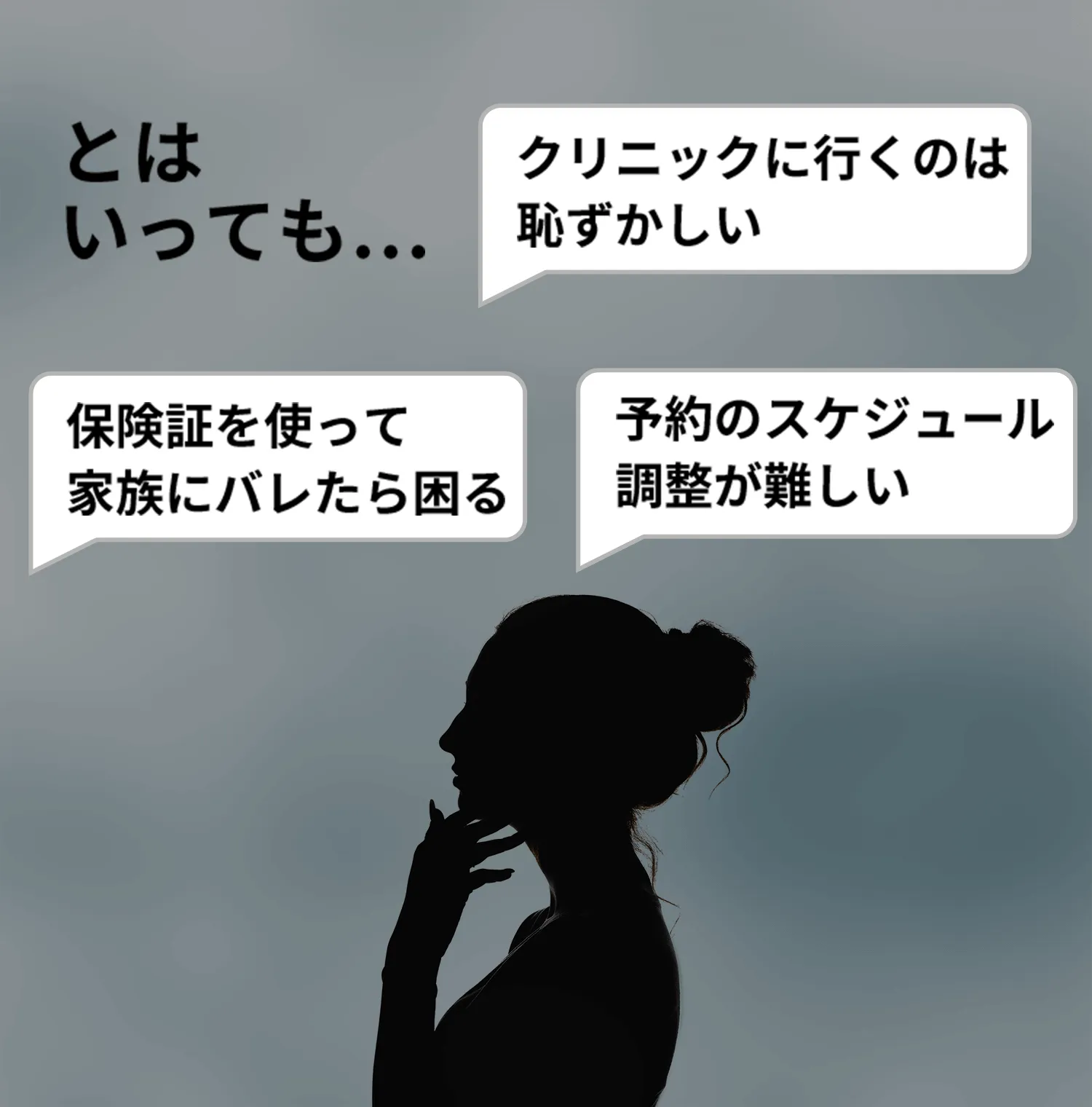 とはいっても... クリニックに行くのは恥ずかしい 保険証を使って家族にバレたら困る 予約のスケジュール調整が難しい